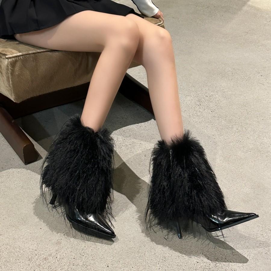 New fur fur short boots warm fashion women's shoes 2025 autumn and winter new pointed high women's boots snow boots