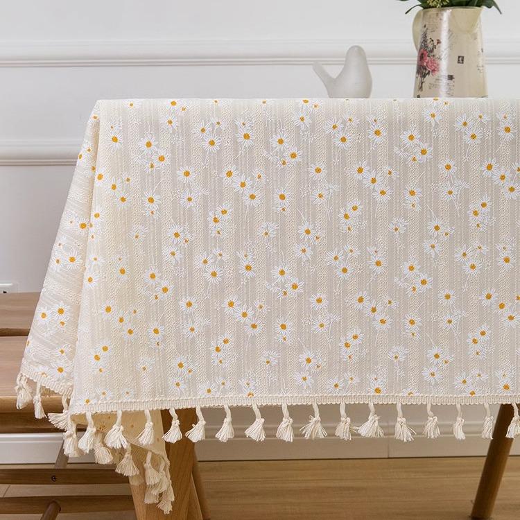 Pastoral Beige Daisy Cotton Linen Tablecloth - Japanese Style Floral Design