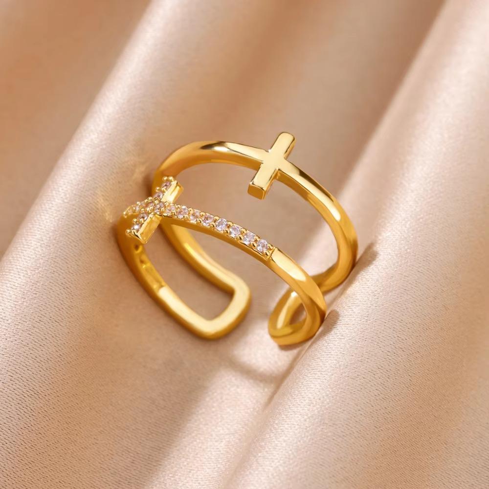 Stainless Steel Cross Rings For Women Vintage Gold Color Opening Cross Finger Ring Party Wedding Jewelry Gift Anillos Mujer