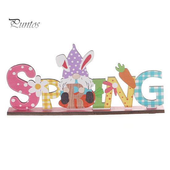 Ornamento pasquale in legno dai colori vivaci, motivo a gnomo con fiore e coniglio, decorazione da tavolo per la casa e le feste.