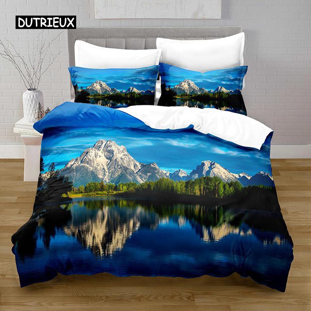 Lake Duvet Cover Set Lake Mountain Peak Stone Pattern Quilt Cover For Teens Adults Natural Scenery Theme Microfiber Bedding Set