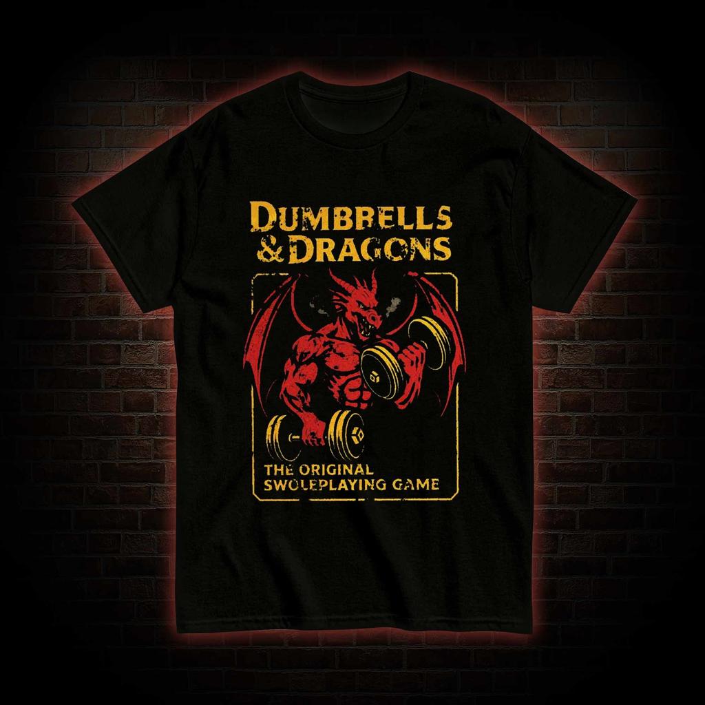 Dumbbells & Dragons T-Shirt Men's Vintage Gym Parody Print Classic Muscle Dragon Graphic Short