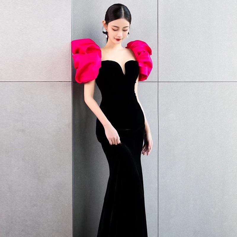 Black Fishtail Evening Dress Velvet Temperament Long Annual Meeting Dress Hosting Graduation Performance Clothes Bubble Sleeves Toast Clothes
