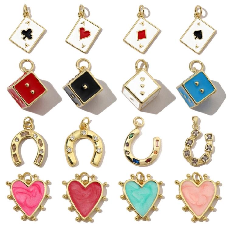 Pack of 3 Heart/Horseshoe/Dices Poker Card Pendants Accessories for Necklace and Earrings Copper Jewelry Components