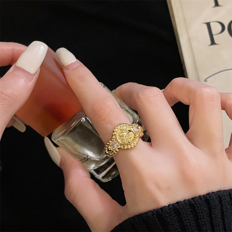 Medieval Style Flower Compass Open Ring Full Of Diamonds Zircon Court Style Retro Gold Phoenix Premium Ring