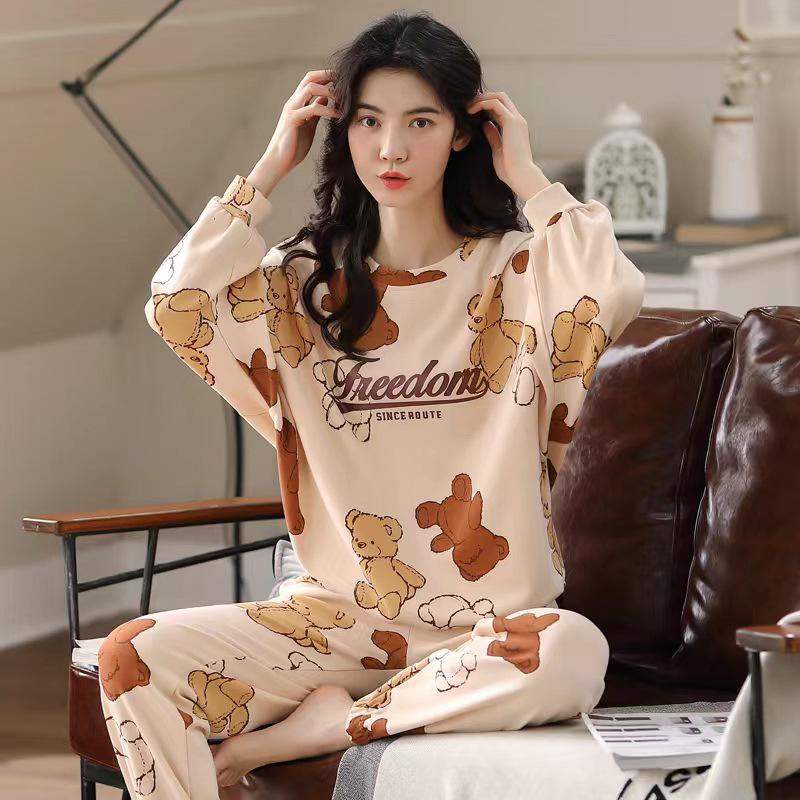 Women's Korean Smiley Face Cartoon Pajamas Set – Long-Sleeved Pullover & Trousers for Autumn/Winter