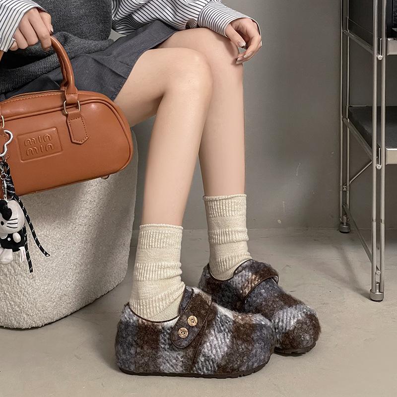 Wool plaid Velcro early spring comfortable thick-soled plush casual women s shoes 40 серый