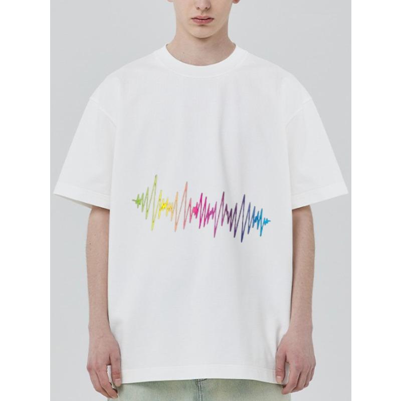 Oversized T Shirt White Rainbow Wave Pattern Print Casual Everyday Wear