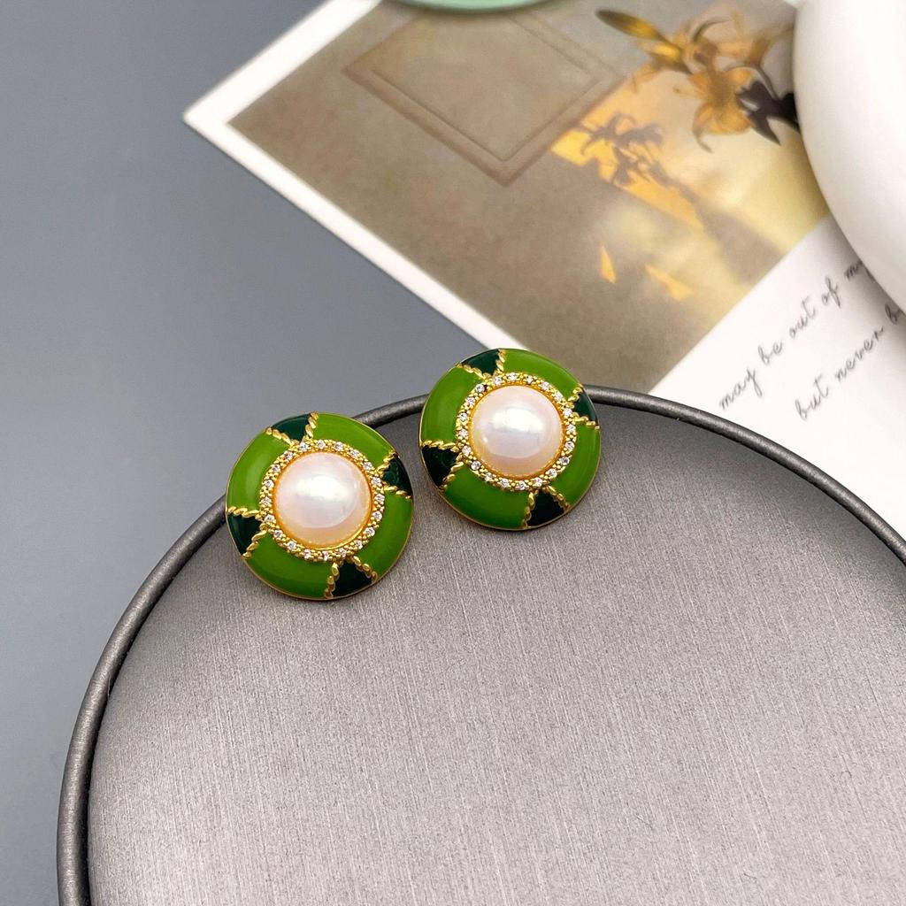 Retro Round Color Block Enamel Pearl Rhinestone Stud Earrings: Fashionable, Elegant, High-End Temperament