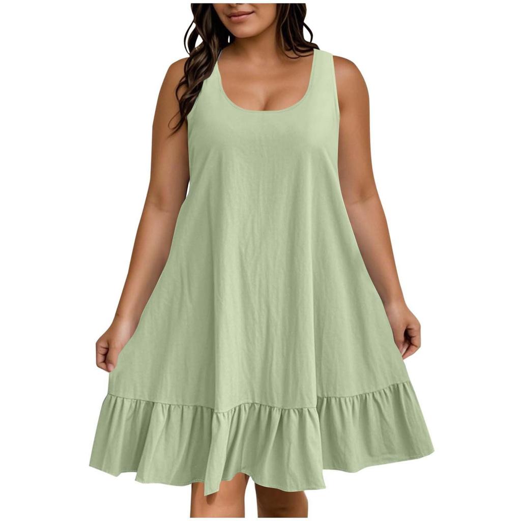 Women's Plus Size Casual Fashion Solid Color Round Neck Sleeveless Dress