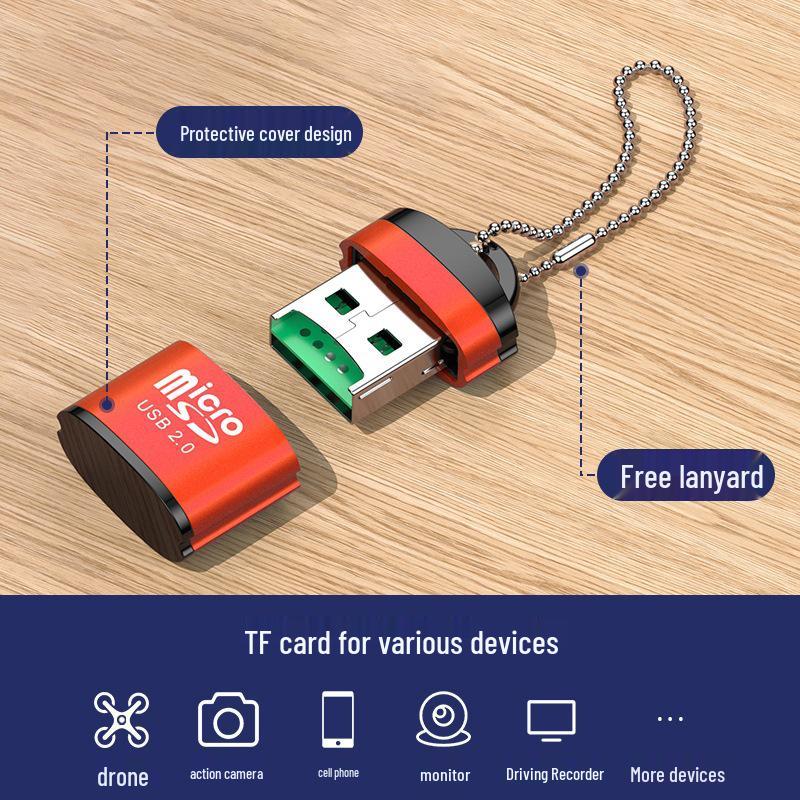 USB2.0 Mini TF-Kartenleser mit Aluminiumgehäuse & Kette - Universell für Mobiltelefone & Computer