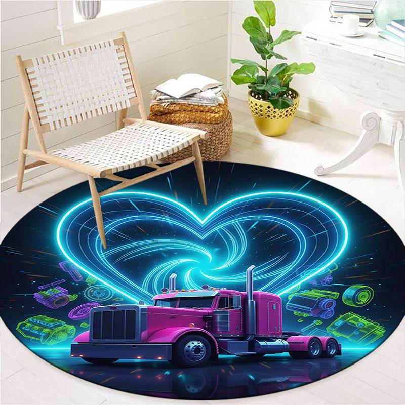 Neon Truck Round Area Rug,Carpet Rug for Living Room Bedroom Sofa Playroom Decor,Non-slip Floor Mat