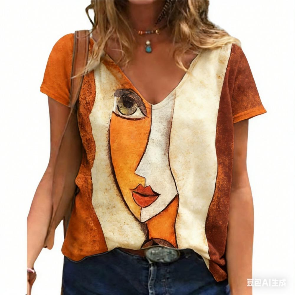 Women's V Neck T-shirt Summer Casual Plus Size Print Tops Loose Vintage Female Tee Streetwear Short Sleeve Clothes