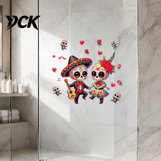 Easy Peel And Stick Murals Halloween Cartoon Skeleton Couple Window Stickers, Waterproof PVC Day of The Dead Static Decals, Traditional