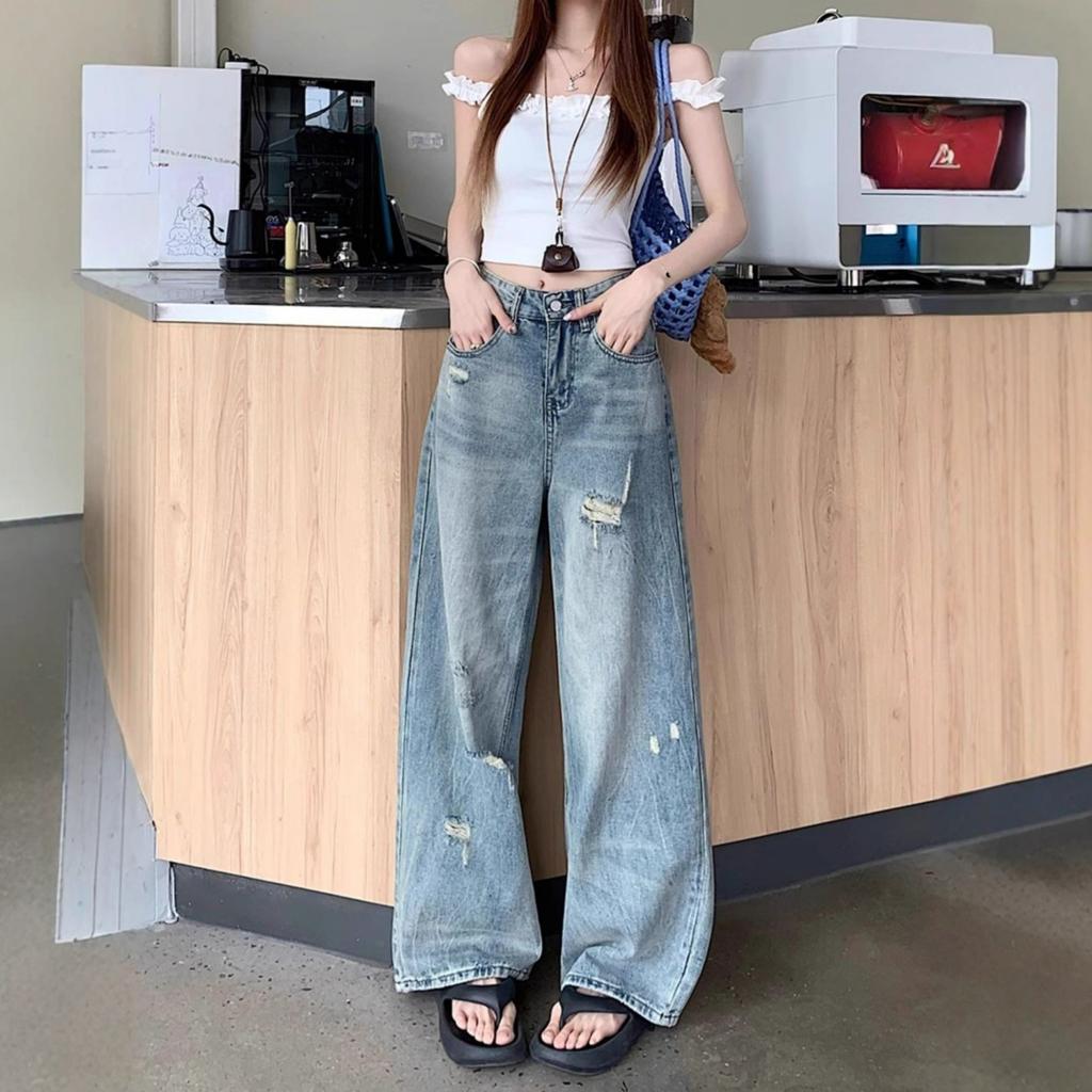 Designový smysl Roztrhané díry Velké velikosti Džíny Dámské Kalhoty se širokými nohavicemi Vysoký pas Volné Skinny Vlečné Rovné Kalhoty Džíny pro ženy Dlouhé Džínové Kalhoty