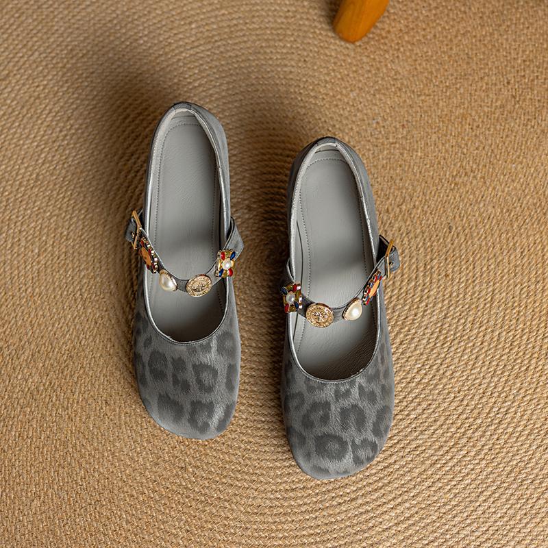 Krazing Pot Stain Sheep Skin Summer Size 40 Mary Janes Low Heels Gray Color Leopard Prints Round Toe Elegant Shallow Pumps
