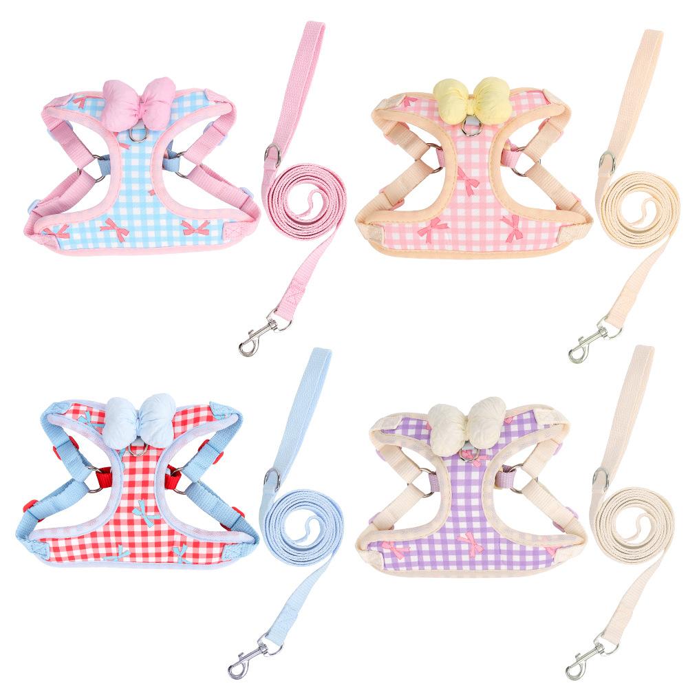 New Dog Leash Bow Dog Chest Back Plaid Korean Outdoor Walking Dog Bi Xiong Teddy Dog Leash