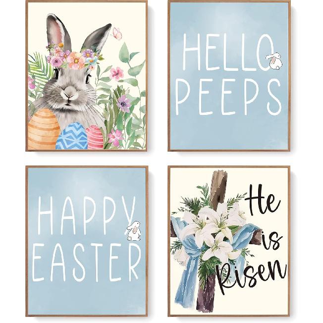 LARTSFRO Easter Decor Egg Bunny Wall Art Prints, Happy Easter Decor Posters for Living Room Bedroom, Spring Decor, Bunny Decor, Hello Peeps, Easter blue easter bunny
