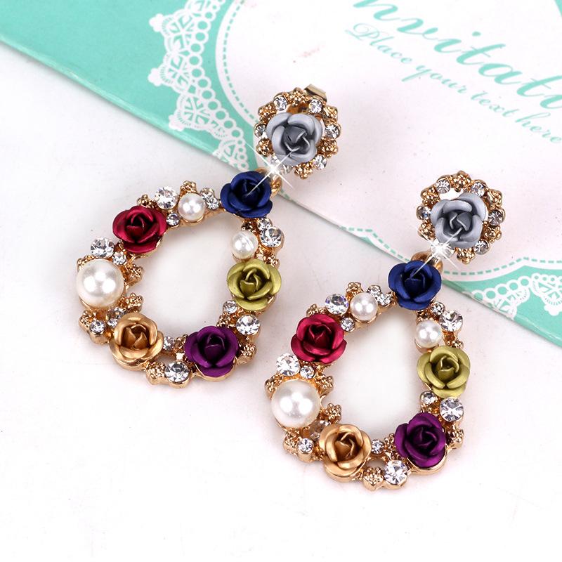 Pearl Earrings Women S Colorful Rose Wreath Earrings Women S Personality Trend Accessories 18K Gold Diamond Ear Jewelry