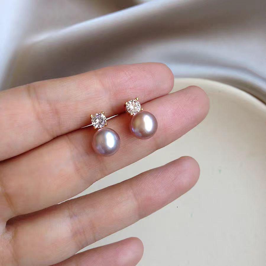 Princess Diana-Style Purple Freshwater Pearl 5A Stud Earrings - Elegant and Exquisite Design for Women