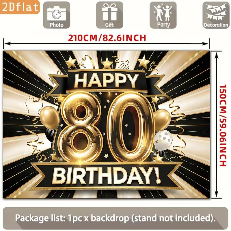 2D 80th Birthday Decoration Backdrop Black Gold Happy 80 Birthday Banner Photo Booth Background for Party Supplies