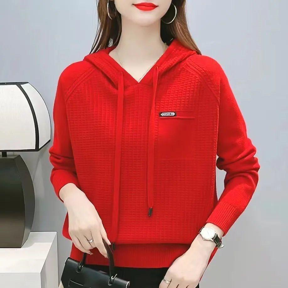 

Женский свободный трикотаж с капюшоном: Пуловер на весну и осень, Топ в ленивом стиле для Нового года M (recommended for 100-110 jin) розовый