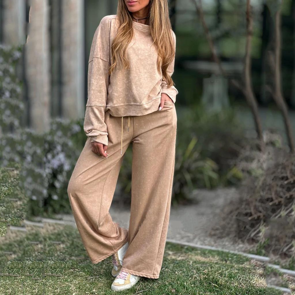 Women's Fashion Two-piece Solid Color Long-sleeved Sweatshirt Trousers Casual Set