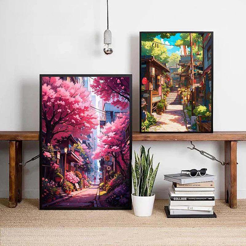 Japanese Street Scenery Cherry Blossom Architecture Canvas Poster Flowers Plants Landscape Wall Art Prints for Modern Home Decor