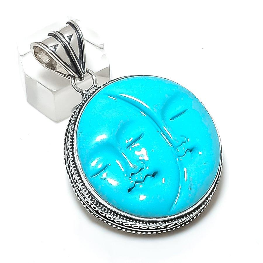 Cameo Moonface Gemstone Handmade 925 Sterling Silver Jewelry Pendant 2.09" y8S60