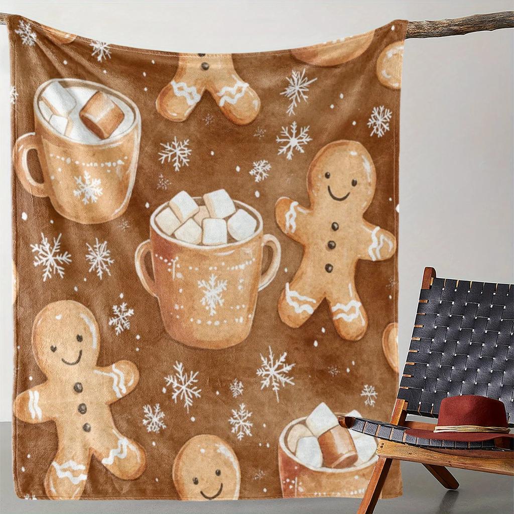 1pc Red Pink Christmas Blanket Gingerbread Man Santa Claus Print Skin-Friendly Blanket New for Home Christmas Decoration