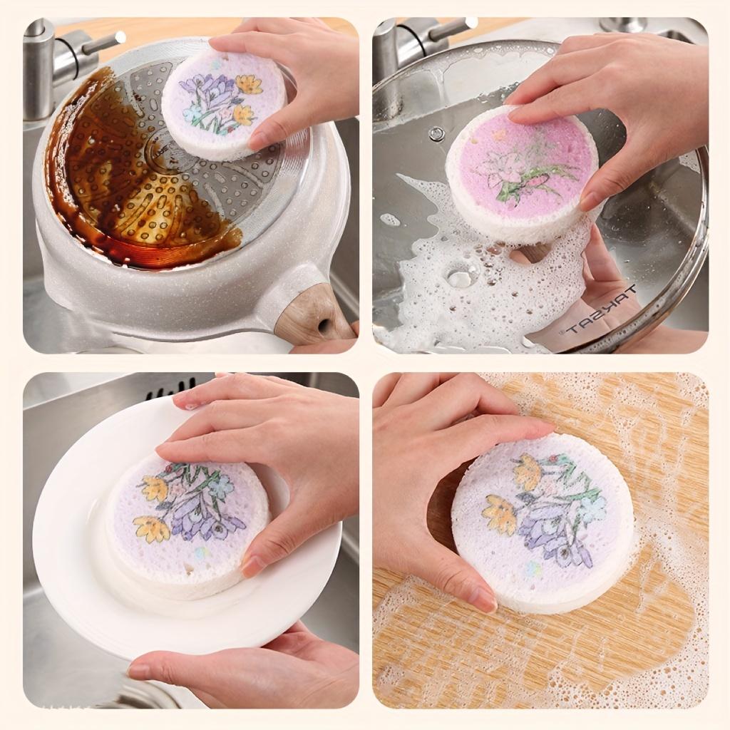 Circular Compressed Wood Pulp Cotton Dishwashing Cloth, Flower Sponge, Dishwashing Brush, Oil-proof Double-sided Cleaning