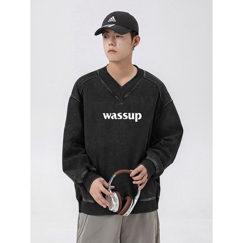 Wassup Trendy Brand Washed Vintage Heavyweight Sweatshirt for Men, Spring and Autumn 2025 New Style, Large V-Neck American-Style Loose Top