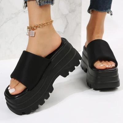 Sommer Brandneue Damen Single Band Plateau Sandalen Schwarz Nylon Chunky Plateau Wedges Slipper Sandalen