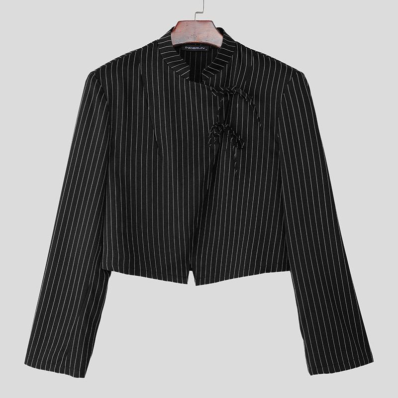 

INCERUN Мужские рубашки с воротником-стойкой, длинным рукавом, полосатыми боковыми вставками, укороченные XL чёрный