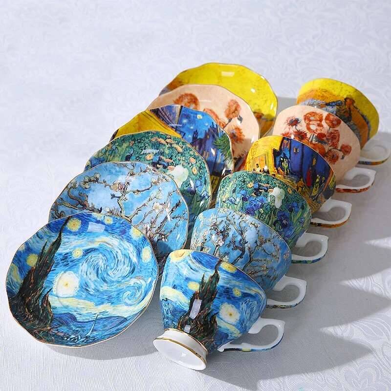 Bone Ceramics Van Gogh Art Painting Starry Night Sunflowers Sower Iris Saint-remy Tea Cups Mugs Coffee Cup Saucers Spoons Set