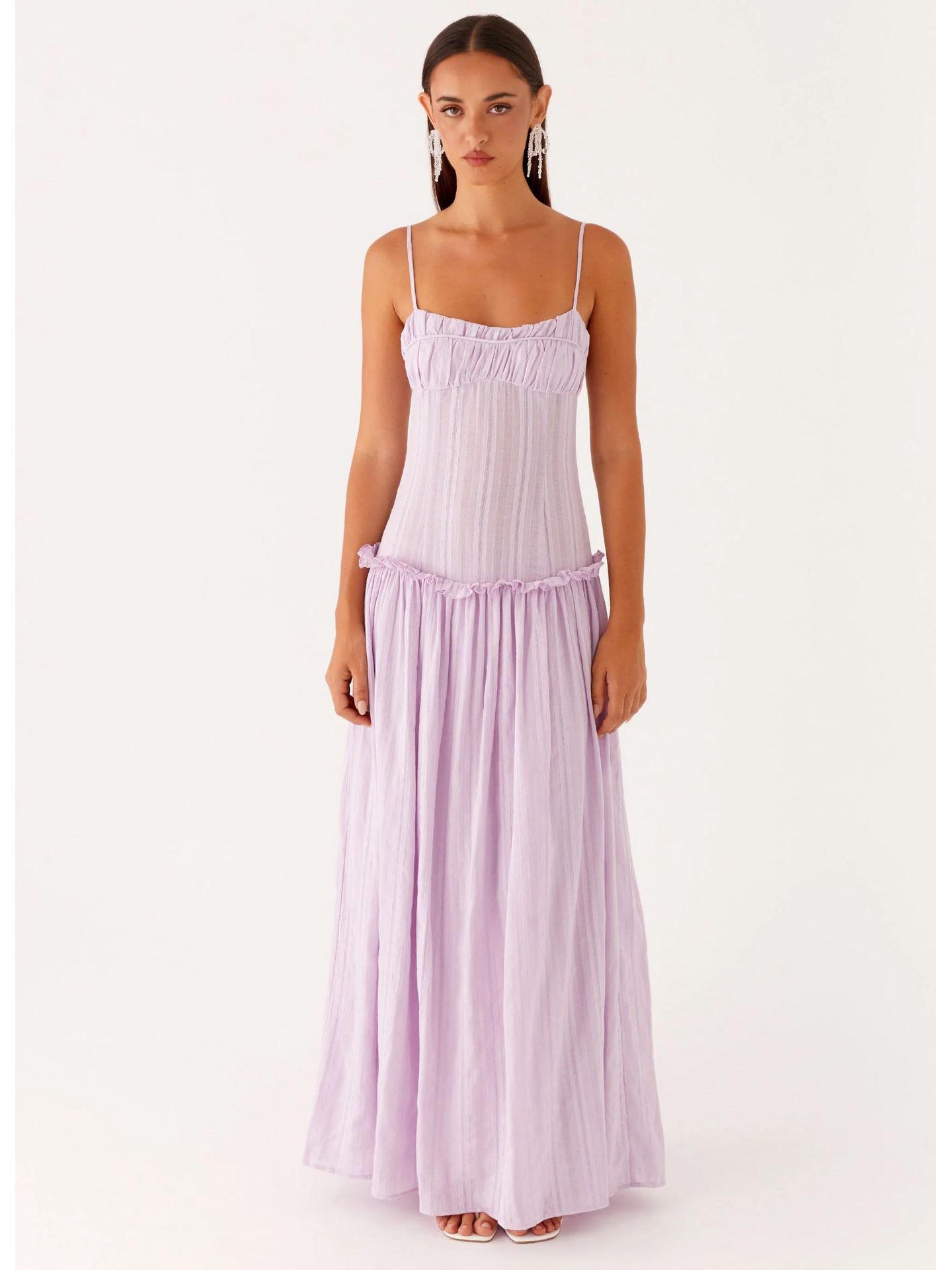 

Elegant Summer Pleated Ruffled Spaghetti Strap Long Dress – New Arrivals European & American Women s Fashion Large фіолетовий