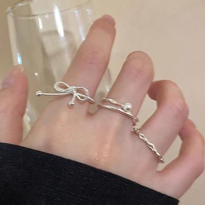 Korean Version Bow Pearl Strap Ring, Women's Cold Wind Open Index Finger Ring Design Personalized Ring
