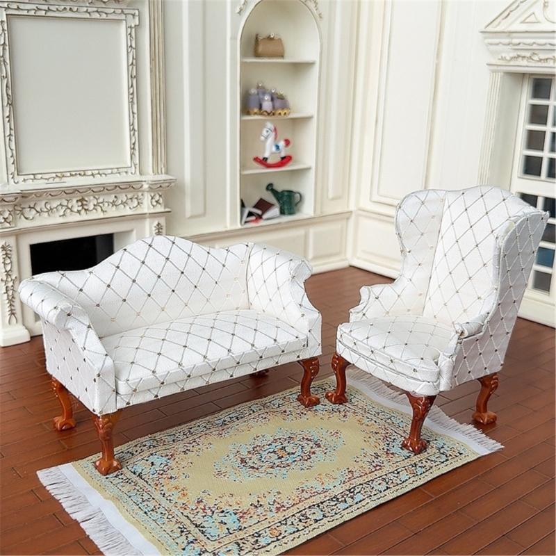 Miniature Pink Quilted Armchair Wooden Doll Furniture 1/12 Scale For Living Room Scene Accessories