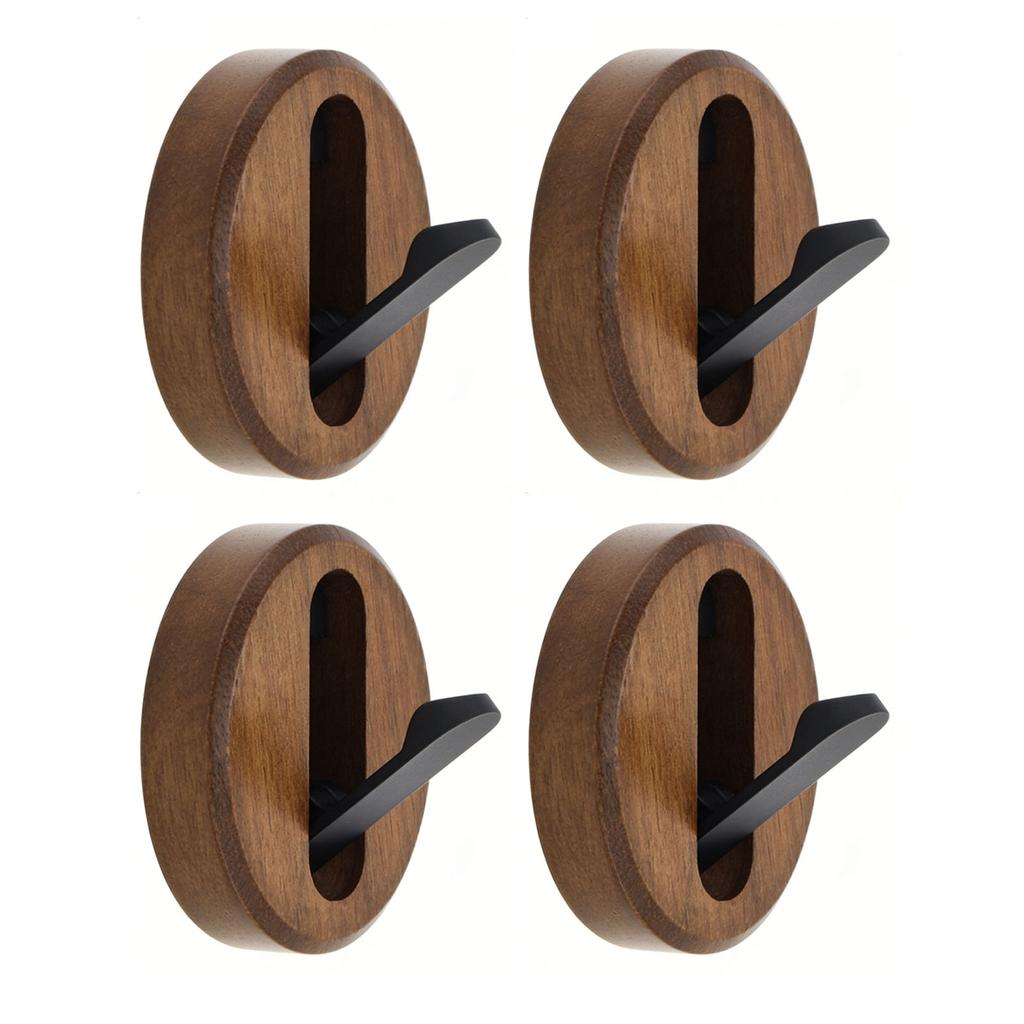 4pcs Wood Hooks Modern Self Adhesive Space Saving Wall Mounted Folding Coat Hooks for Clothes Towels Hats Bags Black