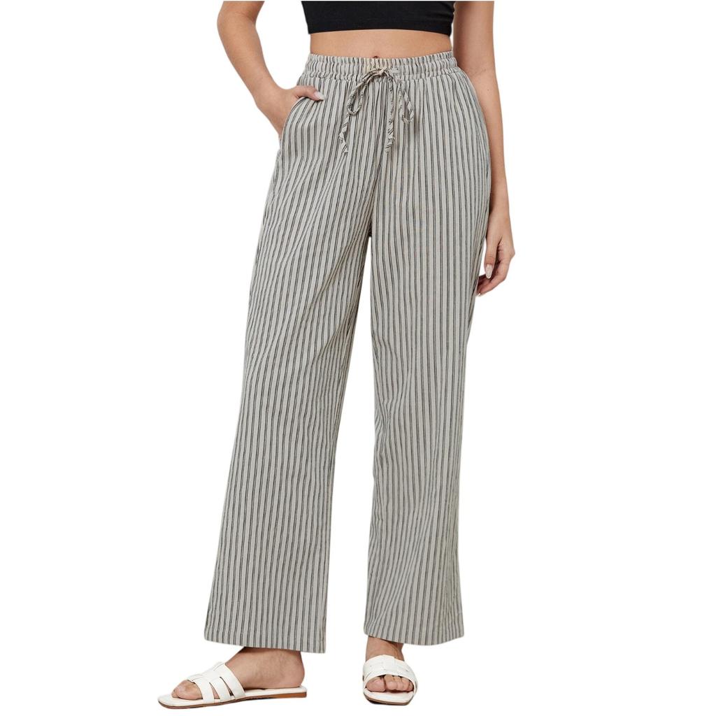 Striped Pants For Women High Waisted Wide Leg Cotton Linen Trendy Beach Pull On Elastic Waist Casual Flowy Pants