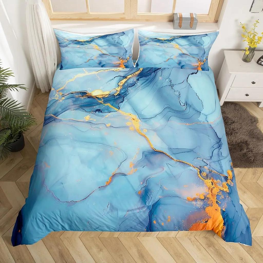 Blue Marble Duvet Cover, Geometric Comforter Cover Twin Queen Size Golden Stone Pattern Bedding Set Abstract Trippy Quilt Cover