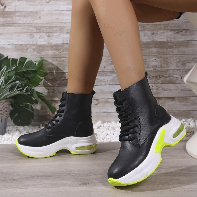 Women's Fashion Color Blocked Lace Up Thick Sole Casual Short Boots  Autumn New Comfortable Versatile Wedge Heel Ankle Boots