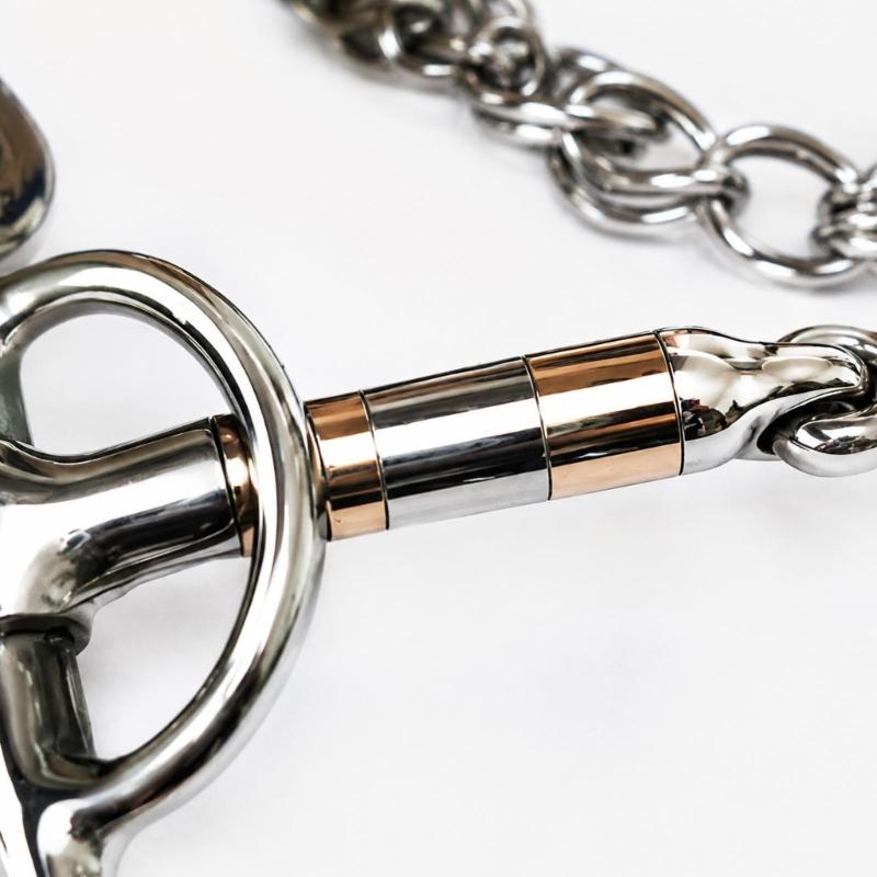 Horse Training Bit with Long Side Arms and Multiple Connection Rings, Three-Piece Jointed Center, Moving Metal Sections, Stainless Steel, and Curb