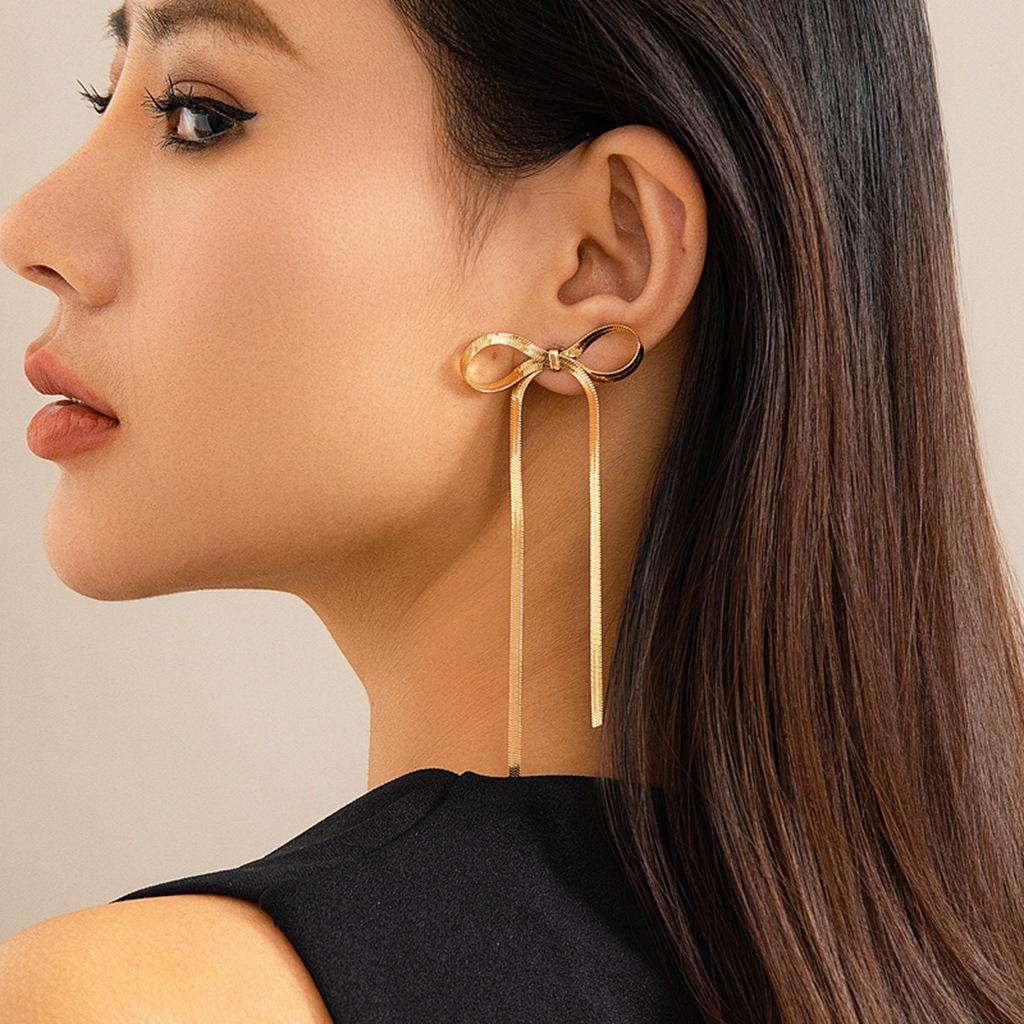 Accessories Bowearring Bow Stud Earrings, Metal Ribbon Knotted Snake Bone Chain Earrings Women