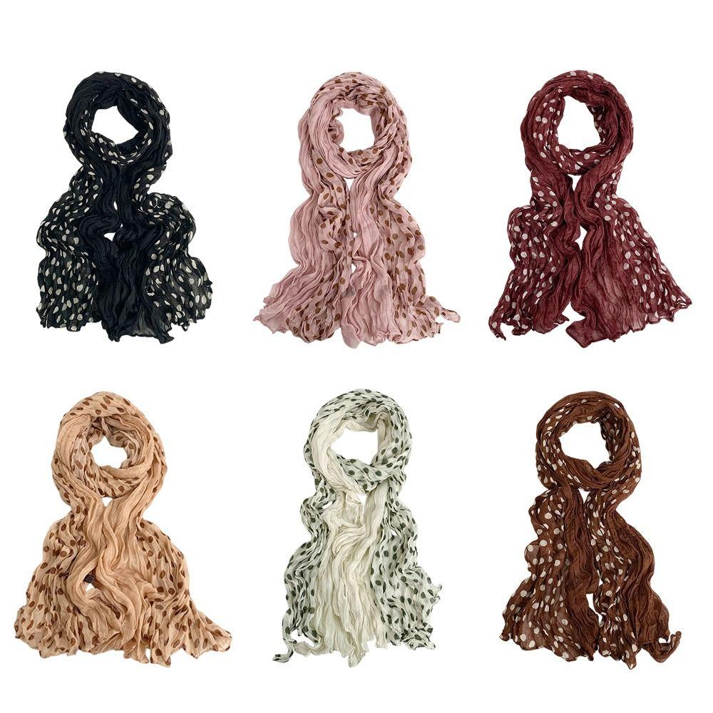 Cotton Linen Texture Wave Point Scarf Retro Print Wrinkle Twisted Pleated Scarf Long Pleated Thin Scarf Print Dots Scarf