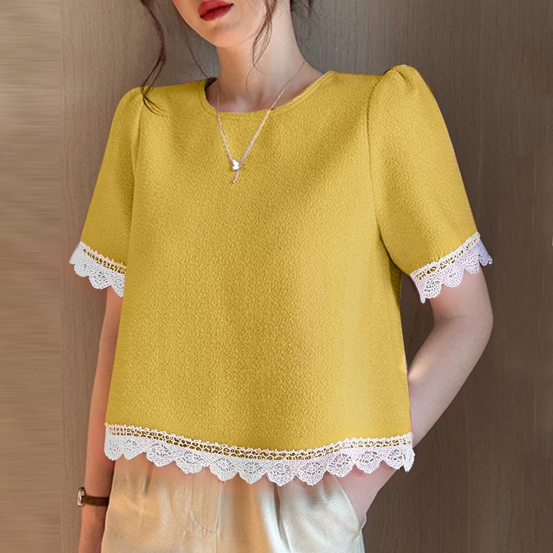 

VONDA Летние Элегантные Женские Футболки с Коротким Рукавом и Текстурой с Кружевной Отделкой 3XL жёлтый