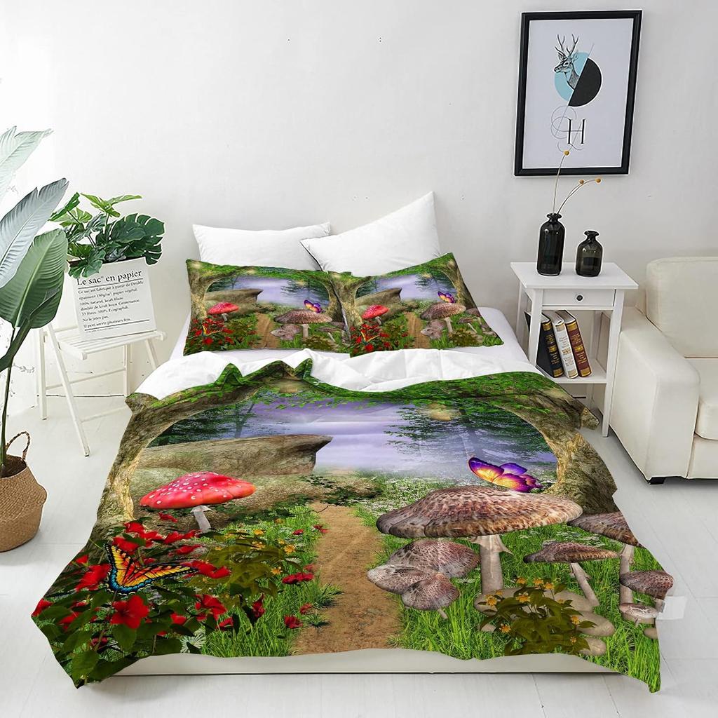 Mushroom Duvet Cover Set 2 Piece Bedding Set With Pillowcases Magic Forest 3D Printed Soft Breathable Microfibre Quilt Cover Set