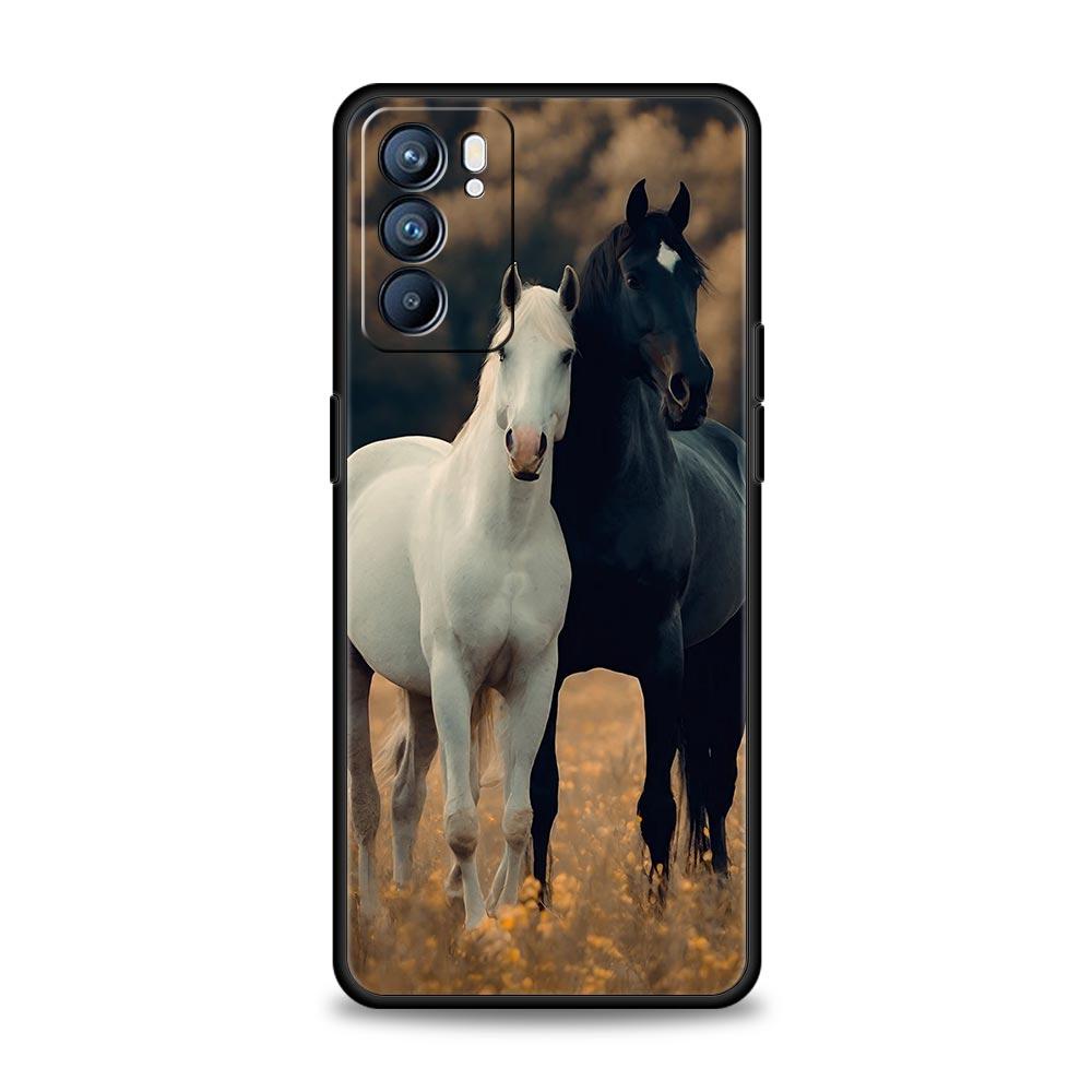 Black White Horses Galloping Case For Oppo Reno13 Reno12 Reno11 F Reno10 Pro A54 5G Find X5 A53 A52 A9 A17 4G A79 A80 A98 Cover