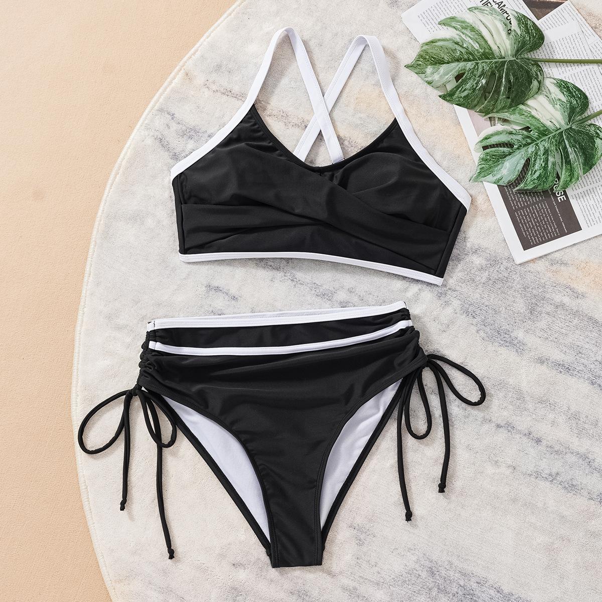 

Цветной купальник бикини с завязками на спине, с высокой талией, сексуальный, с разрезом для женщин XL чёрный