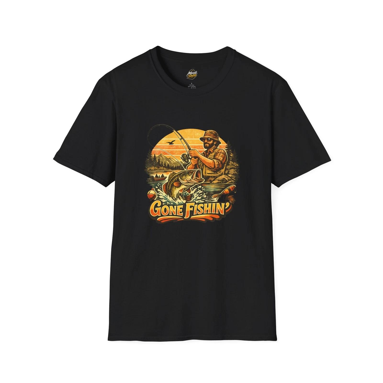 Vintage Style 70s Fishing Shirt Gone Fishin Bass Retro Outdoors Angler Gift Tee 3XL